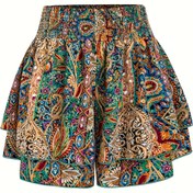 Resim Büyük Beden - Kadınlar için Canlı Paisley Baskılı, Elastik Bel Bandı ve Volanlı Hemli - Hafif Polyester, Tüm Mevsim Konforu, Yüksek Bel Şortlar 