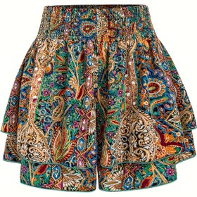 Resim Büyük Beden - Kadınlar için Canlı Paisley Baskılı, Elastik Bel Bandı ve Volanlı Hemli - Hafif Polyester, Tüm Mevsim Konforu, Yüksek Bel Şortlar 