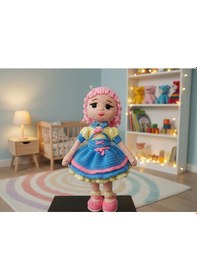 Resim El Yapımı Amigurumi Kız Bebek Kişiye Özel Renk Seçenekli Örgü Oyuncak Açık Mavi 