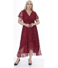 Resim Kruvaze Yaka Büyük Beden Dantel Elbise 10b-2446 Bordo 
