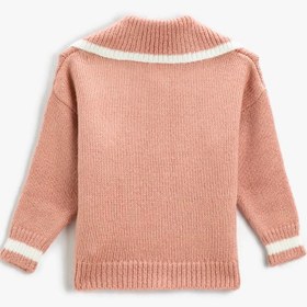 Resim Kız Çocuk Oversize Triko Kazak Geniş Bebe Yaka Çizgili Düğmeli Cepli 