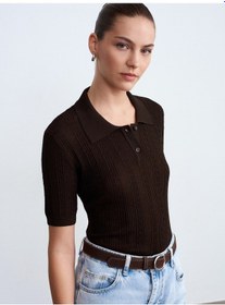 Resim Dilvin 10781 Polo Yaka Ajurlu Triko Bluz-koyu Kahve 