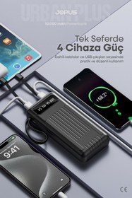 Resim Jopus 10000mAh Powerbank Dahili Kablolu, LCD Ekranlı, LED Lambalı, Taşınabilir Şarj Cihazı Siyah JP-P11 