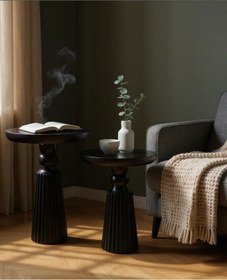 Resim AYLESA Doğal Ahşap 2’li Set Siyah Mantar Yan Sehpa Modern Fiskos Zigon Çiçeklik 