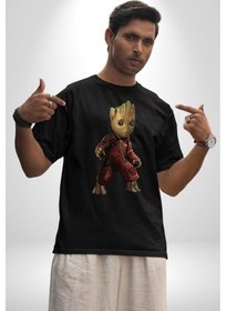 Resim Bebek Groot Guardians Galaxy Pamuklu Bisiklet Yaka Unisex Oversize Boyfriend Dijital Baskılı Siyah T-shirt Siyah 