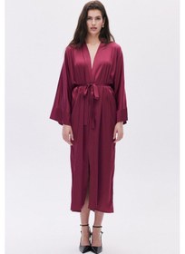 Resim Frappant Bordo Uzun Saten Sabahlık / Kimono Bordo 