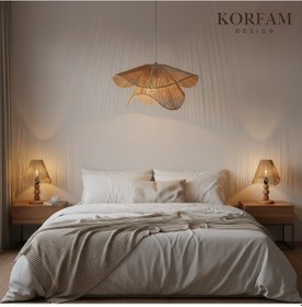 Resim Breeze Modeli Kahverengi Avize & Abajur Set - Hasır El Yapımı Bohem Avize 2'li Ahşap Ayaklı Rustik Abajur Set Çok Renkli 