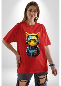 Resim Bandana Kedi Kulaklık Çeket Pamuklu Bisiklet Yaka Unisex Oversize Boyfriend Dijital Baskılı Kırmızı T-shirt Kırmızı 