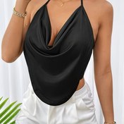 Resim Kadınların Düz Renk Ruched Göğüs Halter Yaka Üstü, Asimetrik Etek, Örgü Kumaş, Polyester %95 Elastan %5, Tüm Mevsim Rahat Parti Kolsuz ile Drape Yaka Tasarımı, 230g/m² Orta Esneklik 