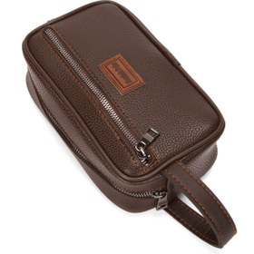 Resim Newish Polo Erkek Kahverengi Deri Portföy Clutch Traş Kozmetik Bakım ve Günlük El Çantası new269 