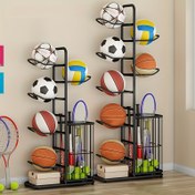 Resim Çok katlı Siyah Demir Spor Ekipmanları Düzenleyici - Modern Basketbol, Futbol, Voleybol & Badminton Raketi Depolama Rafı, File Sepetlerle - Ev Spor Salonu & Spor Odası Düzeni İçin İdeal 