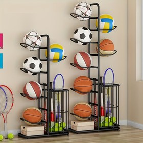 Resim Çok katlı Siyah Demir Spor Ekipmanları Düzenleyici - Modern Basketbol, Futbol, Voleybol & Badminton Raketi Depolama Rafı, File Sepetlerle - Ev Spor Salonu & Spor Odası Düzeni İçin İdeal 