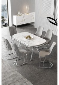 Resim Canisa Epal Serisi 90x168 Lak Panel Beyaz Mermer Desen Masa Takımı Krom Ayaklı 6 Gri Sandalye Masa Beyaz Mermer Desen Sandalye Gri 