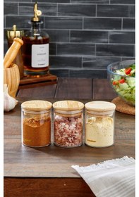 Resim Cooker 3'lü 200 Ml Bambu Kapaklı Borosilikat Cam Kavanoz Ckr3897 Bej 