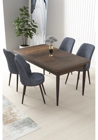 Resim Canisa Nil Serisi 70x110 Sabit Barok Ahşap Desen Masa Takımı Ve 4 Füme Sandalye Masa Barok Ahşap Desen Sandalyeler Füme 
