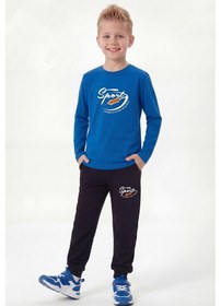 Resim Panios Kids Yuvarlak Yaka Sweatshirt Paça Lastikli Eşofman Alt Baskılı Uzun Kollu Erkek Çocuk Alt Üst Takım Mavi 