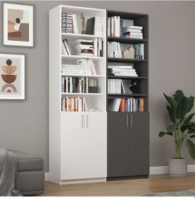 Resim Asra Trend %100 MDFLAM Beyaz & Koyu Gri Kapaklı Kitaplık K-47 