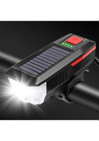 Resim Güneş Enerjili Usb Şarjlı Bisiklet Lambası Solar Fener Ön Far Işık Aydınlatma Kornalı Kırmızı 