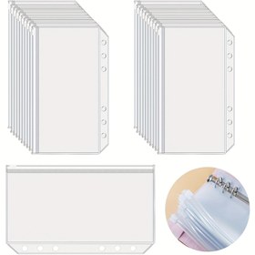Resim 10 adet/20 adet A6 Boyutlu Bağlayıcı Cep, Bütçeleme için 6 Delikli Şeffaf Fermuarlı Klasör, 6 Halkalı Bütçe Bağlayıcı için Plastik Bütçe Nakit Zarf Bağlayıcı, Su Geçirmez PVC Dosya Çantası Belge Çantası 