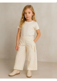 Resim Zekids Kız Çocuk Fiyonk Detaylı Geniş Paça Pantolon-16153 Krem 