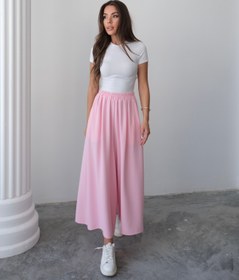 Resim Beli Lastikli Geniş Kesim Kloş Double Krep Pantolon Etek 5187 - Pembe - Pembe / S-M 