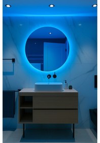 Resim 60 Cm Yuvarlak Led Işıklı Banyo Aynası Banyo, Antre, Yatak Odası Ve Makyaj Mavi 