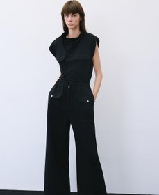 Resim Bağcıklı Yün Karışımlı Geniş Paça Siyah Pantolon - SIYAH / 34 