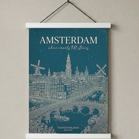Resim Amsterdam Line Art Print - Teal Canal Windmill Skyline Wall Art - With Hanger - White / 24 x 36" (60x90 cm) 
