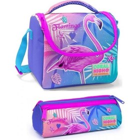 Resim Coral High Kız Çocuk Mavi Pembe Flamingo Beslenme Çantası Seti 