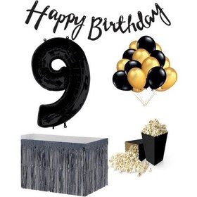 Resim 9 Yaş Siyah Balon Rakam Folyo Banner Mısır Kutusu Masa Eteği Do 