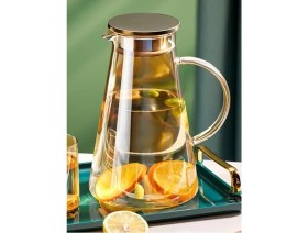 Resim Şık Borosilikat Cam Sürahi, Metal Kapak, 1900 Ml, Gold Renkli 