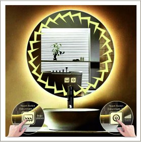 Resim Dnr-MirrorDnr-Mirror 80 cm Günışığı Ledli Tasarım Kumlamalı Dokunmatik Tuşlu Buğu Önleyicili Banyo Aynası Makyaj Aynası 