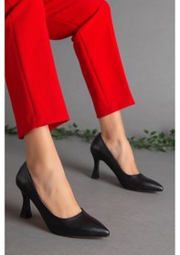 Resim Dilimler Ayakkabı Cilt İnce Topuk Siyah Kadın Stiletto-2103-SIYAH 