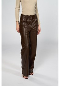 Resim Kadın Kahverengi Bol Paça Deri Pantolon Kahverengi 