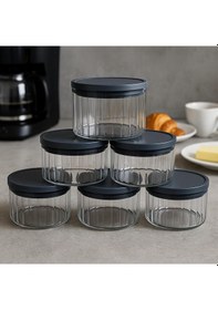 Resim 6'lı Borosilikat Cizgili Cam Kahvaltılık Seti - Sızdırmaz Silikonlu Plastik Kapak - 90 X 70 Mm-400 Ml Beyaz 