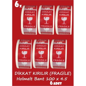 Resim Dikkat Kırılır / Fragile Yazılı Koli Bandı 4,5cm x 100M Kolay Bırakmaz Hotmelt Bant (6 Adet) 