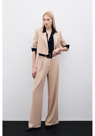 Resim Sateen Pileli Krep Pantolon - Bej 