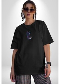 Resim Cadılar Siyah Güller Siyah Oversize Unisex Ön Orta Minimal Baskılı Tişört Siyah 