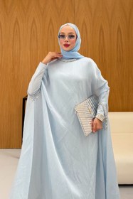 Resim Taş Detaylı içlik Elbise Panço Abaya Mavi - 42 / Mavi 