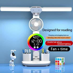 Resim Çift Başlıklı Aydınlatmalı LED Fan Fişli Radyo Lambası, Göz Bakımı Çalışma Koleji Yurt Odası Takılabilir Akıllı Komodin Lambası (Pil Yok) 