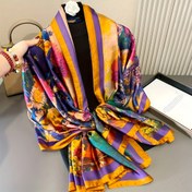 Resim Canlı Retro Çiçek Baskılı Saten Eşarp - Renkli Mor, Sarı & Mavi Çizgili Şal, Zarif Gül Aksanlı, Günlük Kullanım İçin Rüzgar Geçirmez Baş Sarığı, Anneler Günü Hediyesi, Elde Yıkama veya Kuru Temizleme 