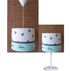 Resim Beyaz Yıldızlı Yeşil 2.li Set Kumaş Kaplama Genç ve Çocuk Odası Avize ve Abajur Takımı 