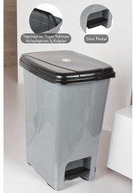 Resim Pedallı Gri Banyo Mutfak Çöp Kovası Siyah Kapaklı Slim Pedallı Çöp Kovası 40 Litre Gri 
