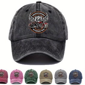Resim Vintage Route 66 Motosiklet Baskılı Erkek Beyzbol Şapkası - Ayarlanabilir Snapback, Hafif Viskon Kumaş, Siyah ve Turuncu/Beyaz Kanat Desenli, Açık Hava Sporları ve Günlük Stil İçin İdeal, Motosiklet Etkinlik Aksesuarı | Klasik Snapback Şapka | Viskon Kumaş Şapka 