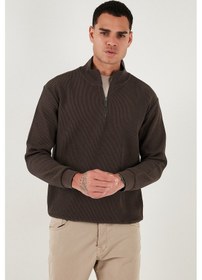 Resim Buratti Pamuklu Regular Fit Yarım Fermuarlı Dik Yaka Erkek Sweat 5905716 Koyu Kahve 