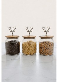 Resim Bambu Kapaklı Gümüş Geyik Figürlü 3lü Cam Kavanoz Seti - Saklama Kabı 635cc Çok renkli 